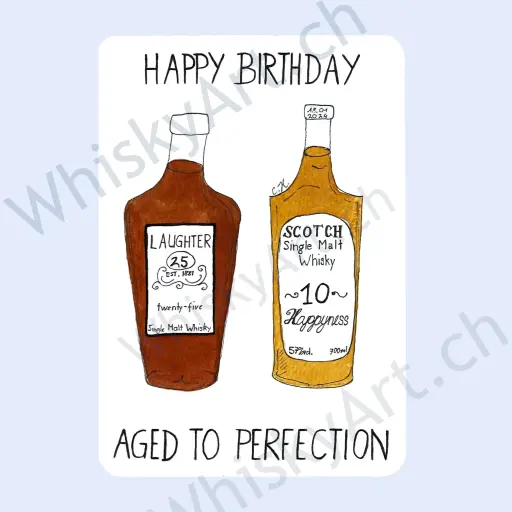 AgedToPerfection Watercolour illustration of whisky bottles with birthday lettering.