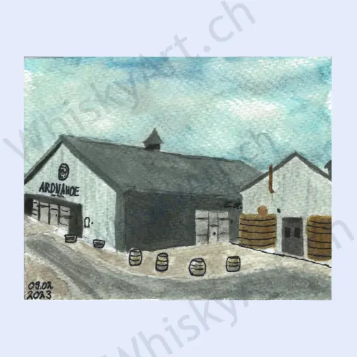 Ardnahoe Quick watercolour of Ardnahoe Distillery in soft blue-grey tones.