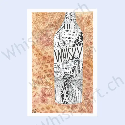 Bottle_of_Thoughts Abstract watercolour with orange backdrop and a Whiskybottle filled with Doodles and “life is messy, whisky is neat” text.