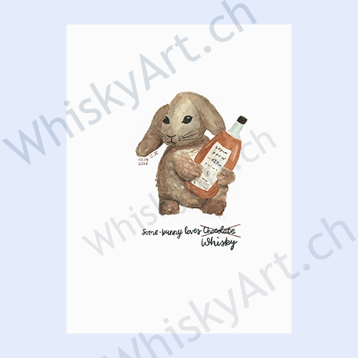 Watercolour illustration of a brown bunny holding a whisky bottle with hand-lettered text reading "some bunny loves whisky."