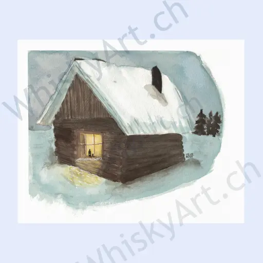 Snow-covered wooden cabin with bright window light spilling onto a whisky bottle and a glass.