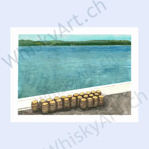 watercolour of empty whisky casks near the Islay shoreline.