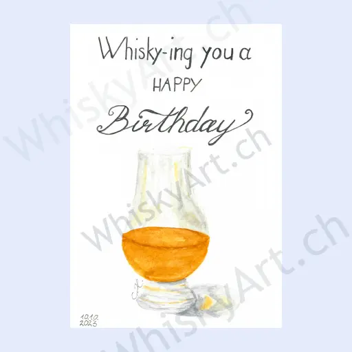 watercolour postcard of a whisky glass with hand-lettered text.