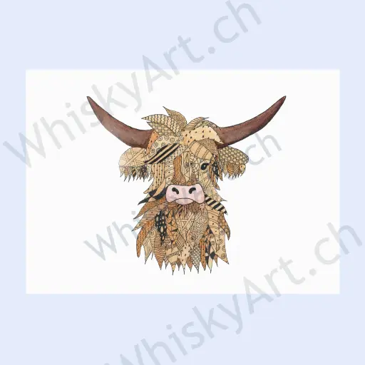 Watercolor of a brown Highland cow, filled with doodle pattern.
