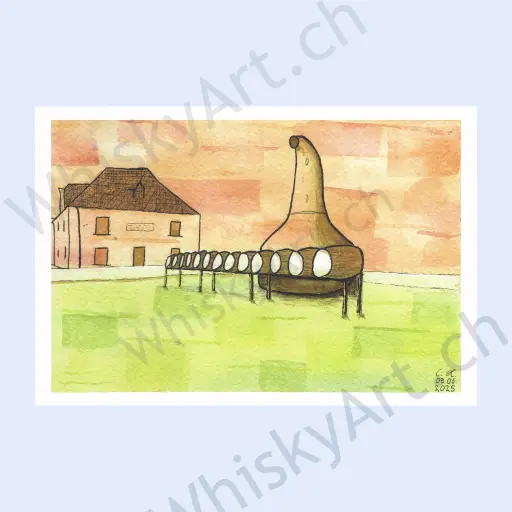 Fine‑lined drawing of a copper still with stacked casks placed before Bruichladdich Distillery; the background shows an orange sky over a green landscape.