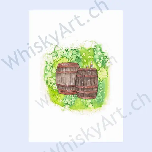A vibrant green watercolour featuring whisky casks, a bottle, and a glass.