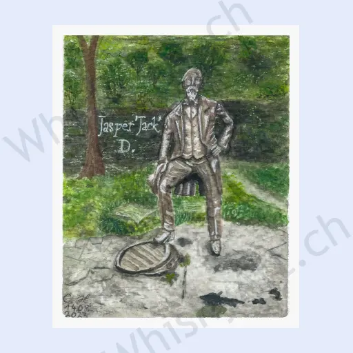 Small watercolour painting of a Jack Daniel’s statue in dark clothing, surrounded by a lush green leafy background.