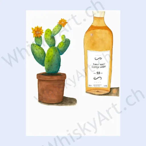 Whisky bottle with flower on a plain white background.