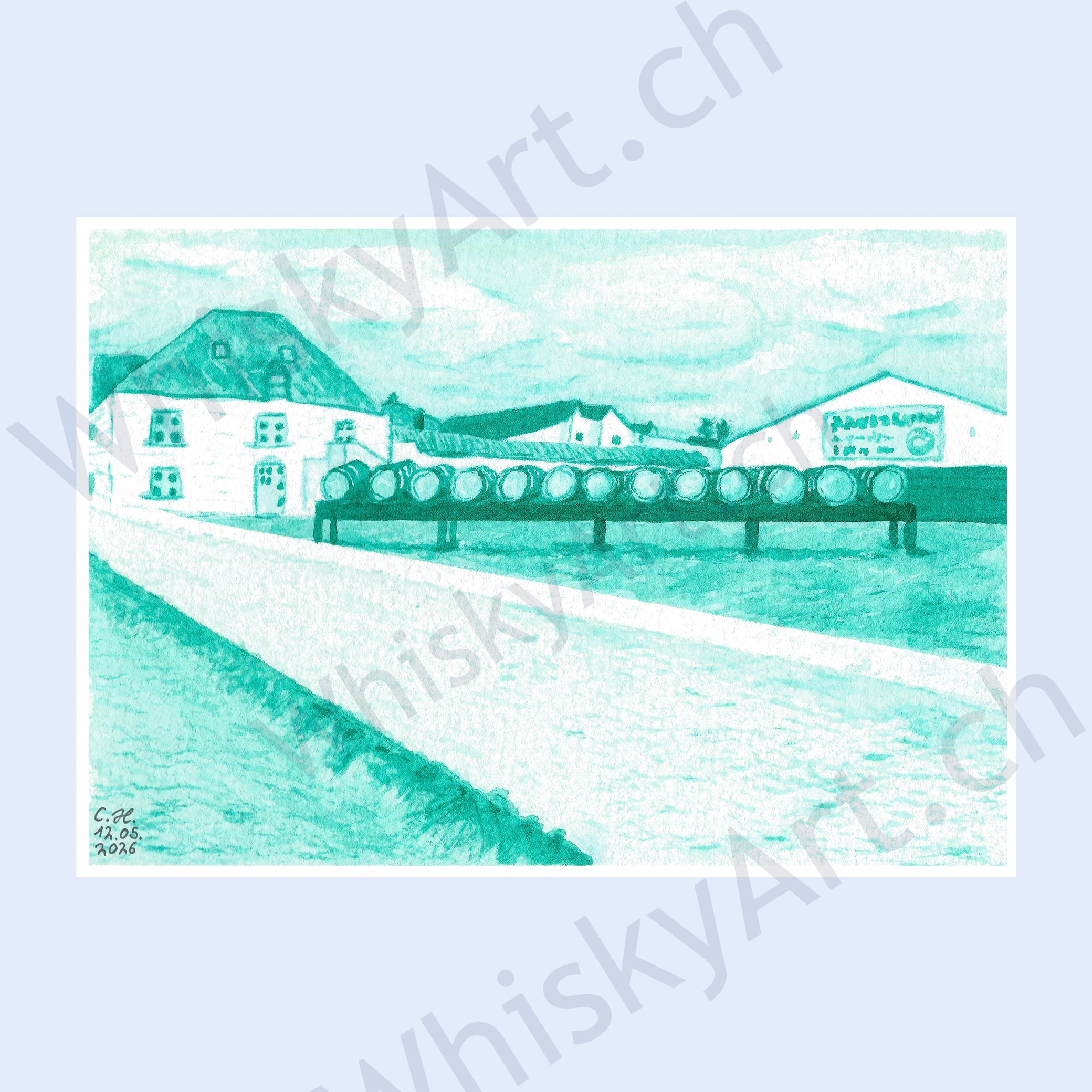 Monochrome watercolour postcard depicting the exterior buildings and stacked casks of Bruichladdich distillery along the coast, painted entirely in shades of deep blue-green.