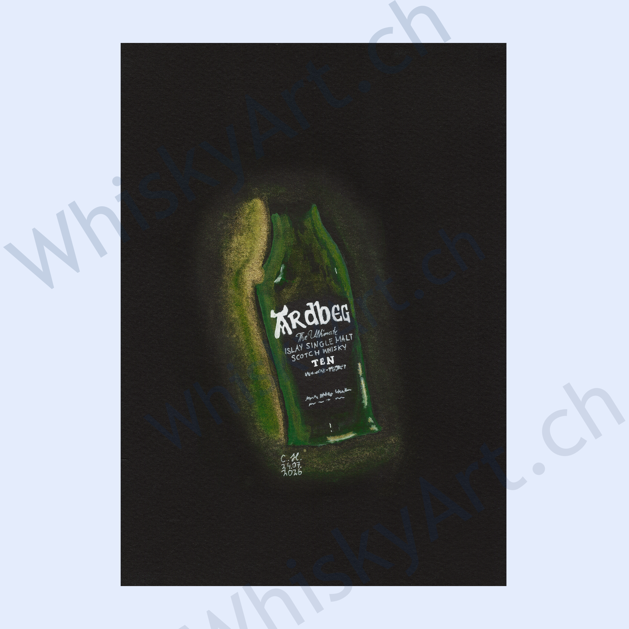 Watercolour painting on black paper showing an Ardbeg 10 whisky bottle outlined in glowing green and gold washes, with white ink detailing on the label.