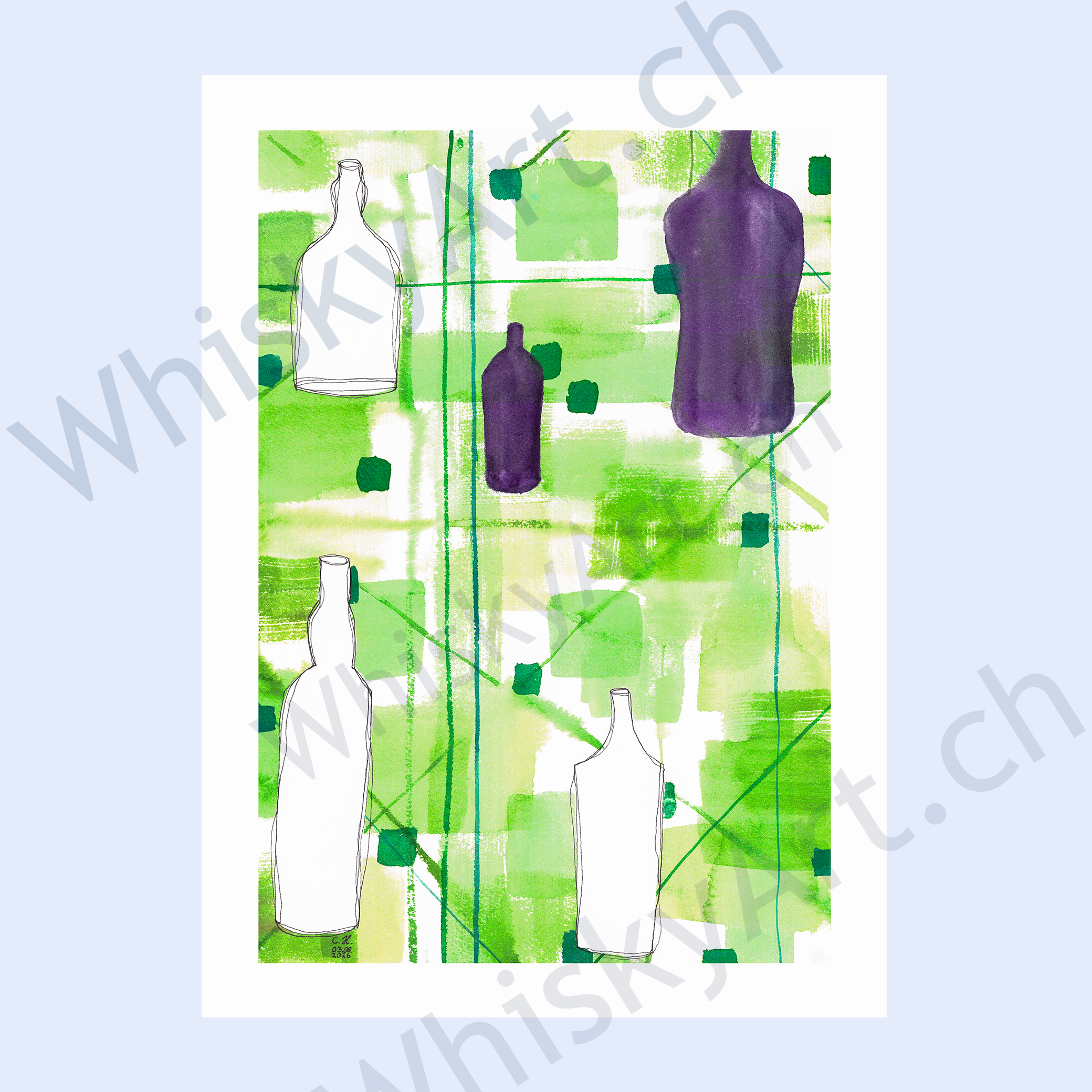 Modern abstract watercolour featuring geometric green bottle silhouettes, architectural ink lines, and clean white space.