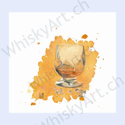 Watercolour painting of a broken whisky nosing glass, its cracks visible and filled with warm orange‑brown liquid; light reflects off the shards against a soft watercolour splash background.