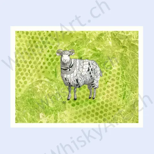 Watercolour of a white Highland sheep with doodle‑filled wool against a textured green background.