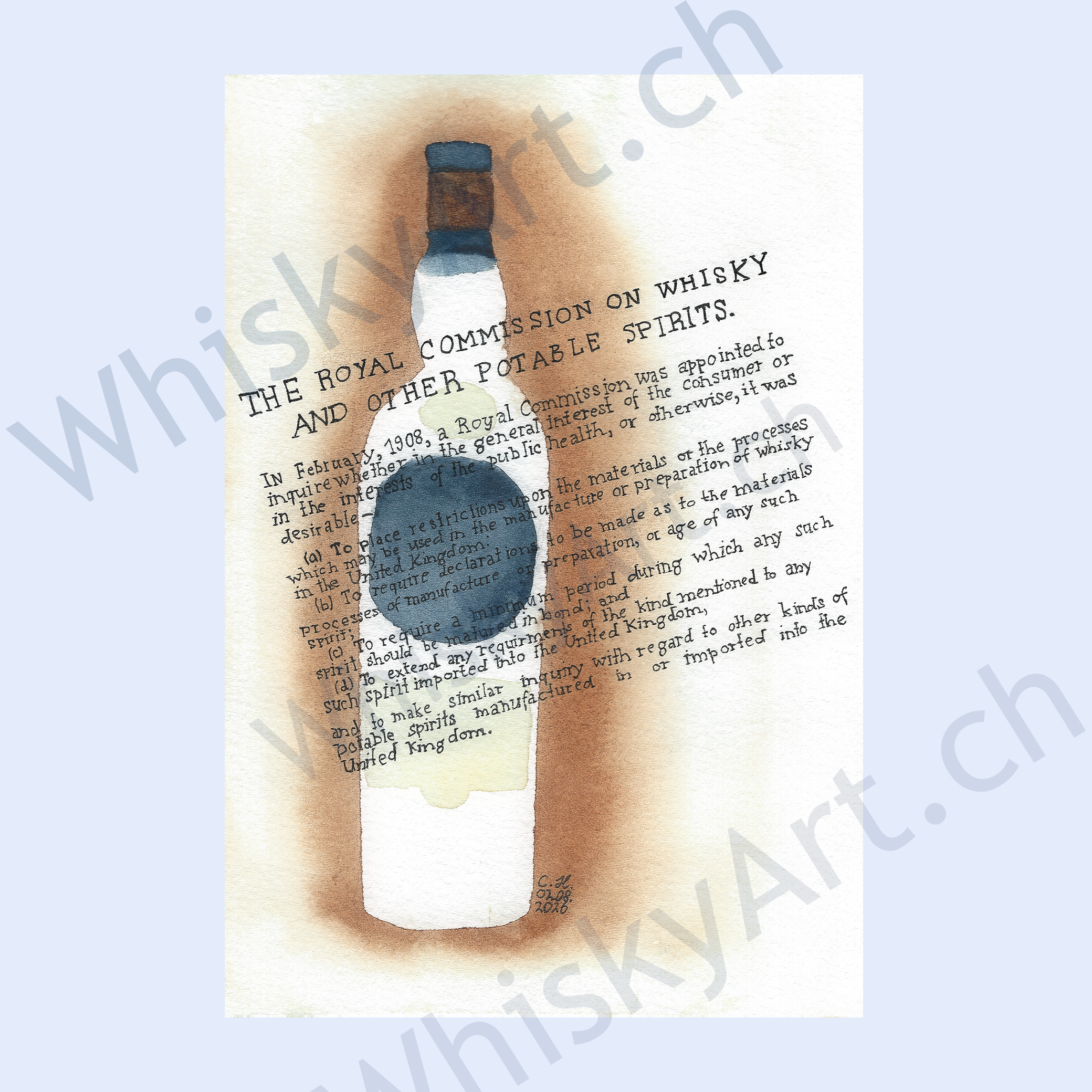 Watercolour painting with bleeding amber washes, a masked bottle silhouette, and delicate handwritten historical text across the page.