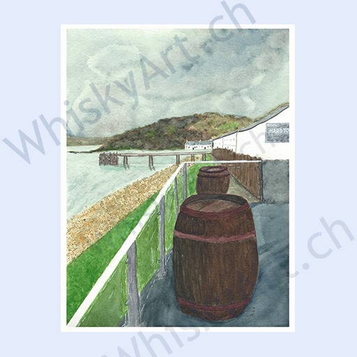 Watercolour of a coastal distillery scene with two casks in the foreground, a white building, pier, and a grey-blue sky.
