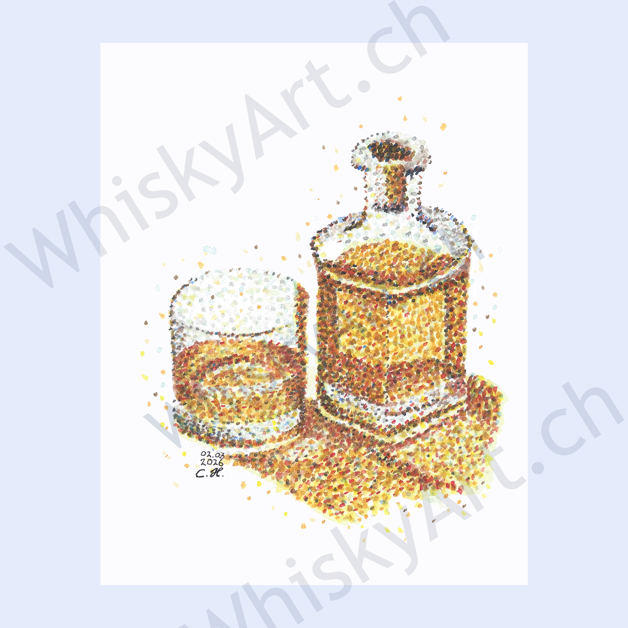 Pointillist-style watercolour of a whisky decanter and tumbler made from many small coloured dots that blend into a warm golden whisky tone from a distance.