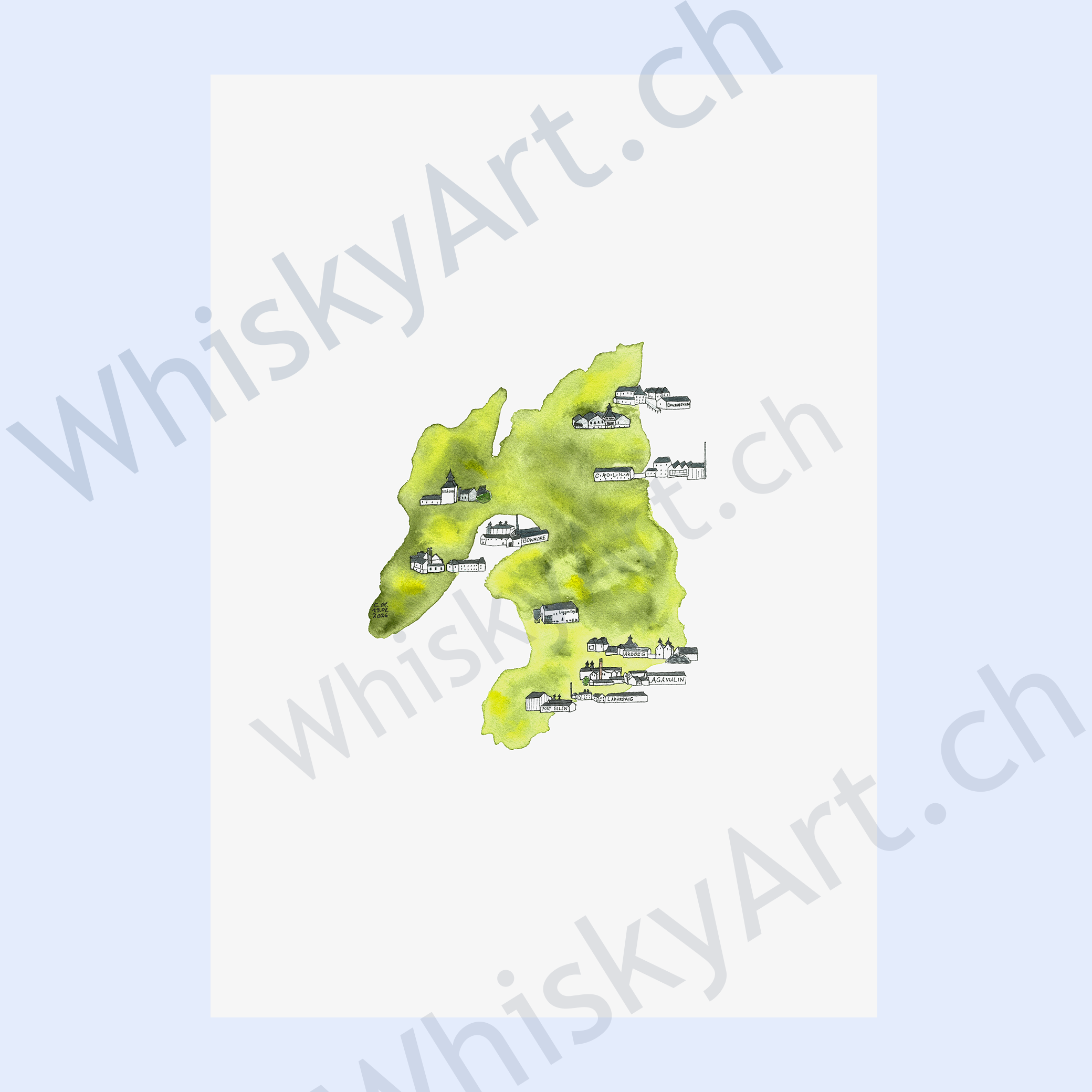 Watercolour map of the Isle of Islay in soft green and yellow washes on a white background, featuring fine ink and watercolour illustrations of eleven whitewashed distilleries along its coasts.