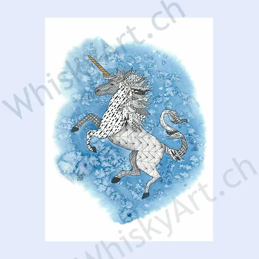 A white and grey watercolour unicorn covered in black fineliner doodles, set against a layered muted blue background with soft textural variation. The unicorn's horn is painted in metallic gold watercolour.